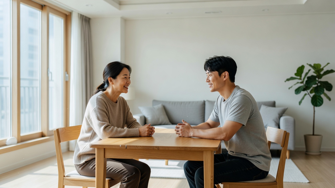 40대가 20대와 갈등을 줄이는 소통 기술 목차를 보여주는 대화 장면