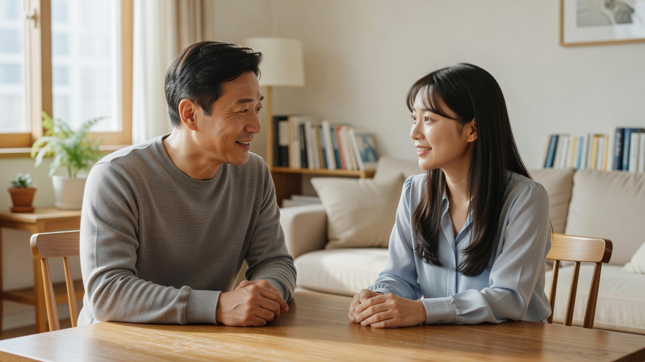 40대가 20대와 첫 대화를 시작할 때 추천하는 질문 목차를 나타내는 대화 장면