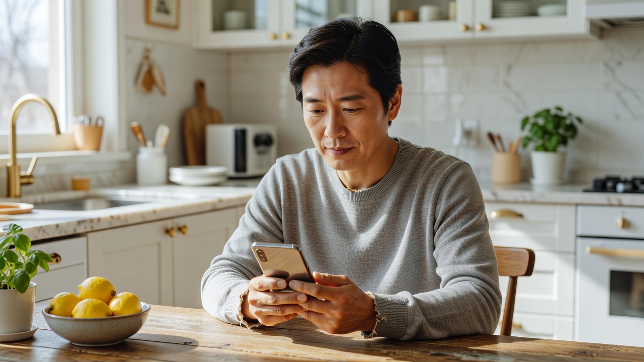 40대 메신저 소통법을 실천하는 스마트폰 메시지 작성 장면